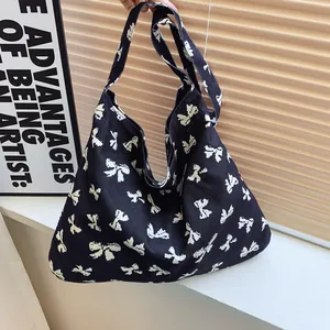 Women's Canvas Tote Bag Leopard Print Bowknot Pattern Large Capacity Casual Shoulder Bag Fashion Handbag Daily Travel