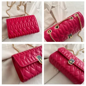 Detailed views of magenta quilted crossbody bag featuring golden chain and twist lock