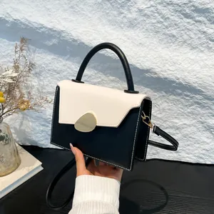 Women Minimalist PU Leather Contrast Color Handbag Trendy Small Square Shoulder Bag With Metal Lock Crossbody Bag For Daily