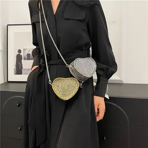 Chic heart-shaped sequin mini crossbody bag with metal chain in gold and silver