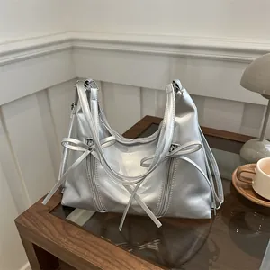 Women PU Leather Large Capacity Shoulder Bag With Ribbon Bow Double Zippers Fashion Y2K Underarm Tote Bag Commute Daily Bag