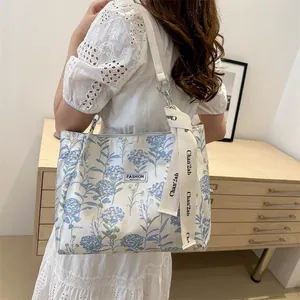 Floral printed tote bag for women featuring Fashion Instinct logo and blue hydrangea pattern