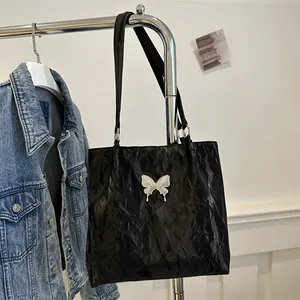 Women Pleated PU Leather Tote Bag With Silver Butterfly Charm Soft Underarm Shoulder Bag Summer Fashion Commute Handbag