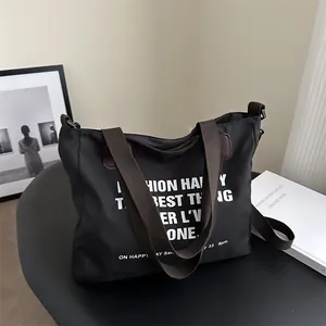 Sac Fourre-tout en Toile pour Femmes Grande Capacité Simple Impression de Lettres Sac à Épaule Main Chic Décontracté Minimaliste