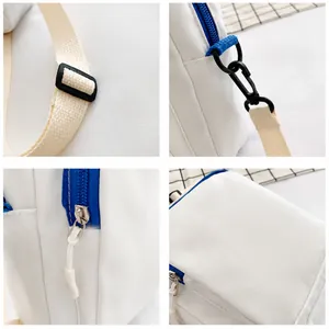 Detail shots of white canvas crossbody bag with blue zipper and woven shoulder strap