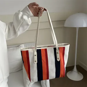 Women Large Capacity Striped Canvas Tote Bag With Leather Handles Rivet Decor Casual Commuting Shoulder Bag Handbag