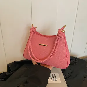 Women Vintage Underarm Bag PU Leather Shoulder Bag With Braided Rope Handle Gold Metal Bar Decoration Fashion Crescent Handbag