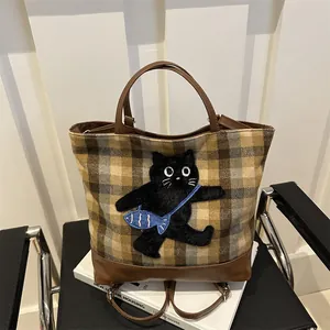 Sac Cabas Plaid pour Femmes Avec Broderie Chat de Dessin Animé Grande Capacité Tissu en Laine Épissage Cuir PU Sac à Main
