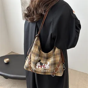 Japanese style retro plaid tote bag with cute dog embroidery and brown leather strap