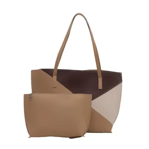 Grande borsa tote bicolore minimalista con pochette abbinata per donna, stile sobrio