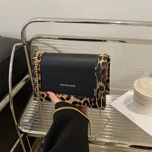 Women Fashion Leopard Print Splicing Shoulder Bag Vintage PU Leather Metal Chain Crossbody Small Square Flap Bag