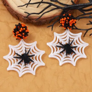 Boucles d'Oreilles Pendantes Toile d'Araignée Halloween Gothique pour Femmes Boule Perlée Orange Noir Bijoux en Acrylique