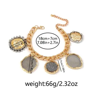 Detailed view of chunky chain bracelet featuring mixed coin pendants and size dimensions