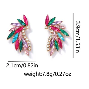 Detailed size chart of feather wing earrings with colorful marquise crystals