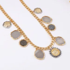 Retro gold curb chain necklace with embossed coin pendants and textured medallions