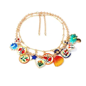 Collier double chaîne à pendentifs fleurs en émail coloré doré pour femmes