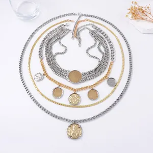 Multi-layer Zinc Alloy Geometric Chain Necklace Gold Silver Plated Hammered Coin Badge Pendant Retro Punk Jewelry For Women