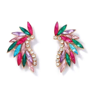 Elegant wing-shaped earrings with colorful marquise zircons and gold alloy base