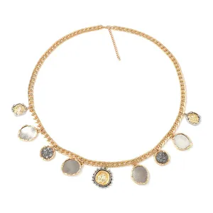 Gold curb chain body belt with multi-color geometric coin charms and vintage pendants