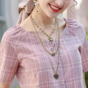 Layered Multi-layer Alloy Heart Round Badge Pendant Necklace Women Gold Silver Mixed Chain Vintage Trendy Fashion Jewelry