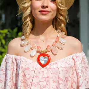 Exaggerated Fashion Colorful Candy Resin Flower Heart Letter Pendant Necklace Transparent Beaded Chain Alloy Jewelry For Women Gift