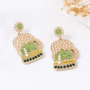 Green crystal beer mug earrings with gold alloy and pearls for St. Patrick's Day