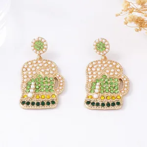 Creative beer mug drop earrings with green rhinestones and pearl foam for women