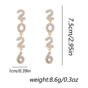 Detailed view of 2026 number rhinestone drop earrings with dimensions of 7.5cm by 1cm