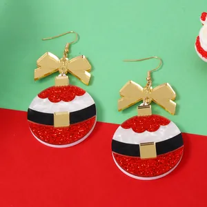 Christmas Santa suit acrylic drop earrings with gold bow on red and green background