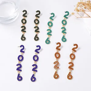 Exquisite 2026 number rhinestone dangle earrings in four elegant colors with gold base