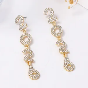 Sparkling rhinestone 2026 number drop earrings with gold plating for a festive look