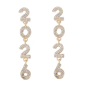 Elegant 2026 number drop earrings in gold alloy with sparkling full rhinestone setting