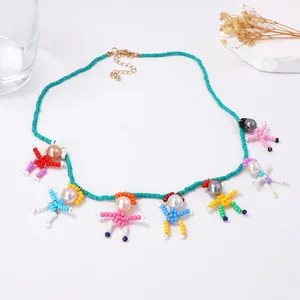 Handmade colorful beaded necklace featuring 3D cartoon pearl figure pendants for women