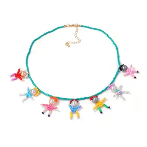 Handmade colorful beaded necklace featuring seven cute 3D cartoon pearl figure pendants