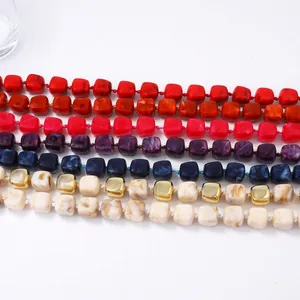 Colorful geometric resin square bead necklace with minimalist gold accents for women