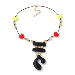 Retro geometric bead necklace with red heart pendants and black abstract charm charm