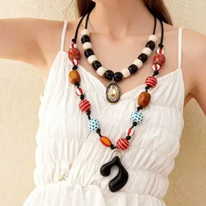 Bohemian Double Layer Beaded Necklace For Women Vintage Geometric Wood Plastic Beads Alloy Rhinestone Pendant Layered String Jewelry