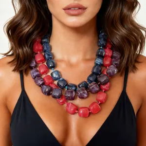 Fashion Chunky Square Resin Beaded Necklace Geometric Statement Jewelry With Extension Chain For Women Vacation Party Accessory