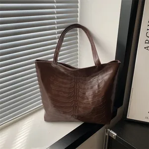 Vintage PU Leather 3D Rib Skeleton Embossed Tote Bag For Women Large Capacity Shoulder Bag Work Commute Punk Style Bag