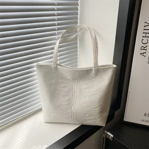 White large capacity soft leather tote bag with 3D embossed skeleton ribs design