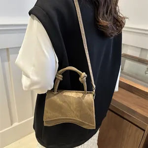 Retro khaki hourglass crossbody bag with woven knot handle for women fashion trend