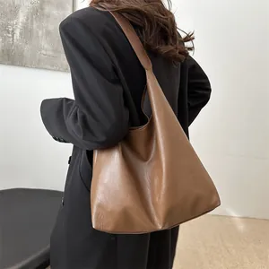 Classic brown PU leather tote bag for women, large capacity minimalist shoulder hobo bag