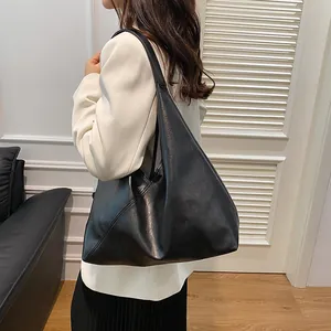 Large black soft leather tote bag for women, chic vintage minimalist shoulder handbag
