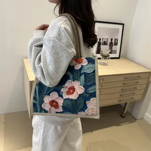 Bolso tote de lona de estilo étnico con estampado floral y gran capacidad diaria