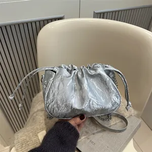 Women Pleated Cloud Bag PU Leather Chain Crossbody Bag Drawstring Pouch Shoulder Bag For Daily Fashion Streetwear Party