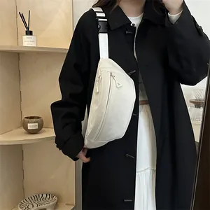 Minimalist white checkered canvas crossbody chest bag with adjustable strap for women