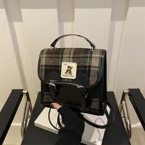 Vintage Plaid Backpack For Women PU Leather Tweed School Bag British College Style Small Rucksack With Bear Patch