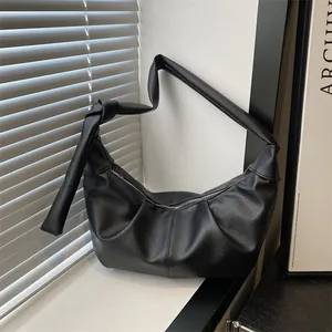 Sac Hobo en Cuir PU de Grande Capacité pour Femmes Sac à Épaule avec Nœud Plissé Style Coréen Rétro Sac en Bandoulière Demi-Lune Cuir Souple
