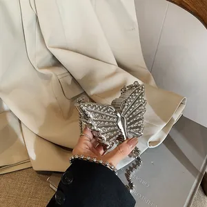 Butterfly Shape Mini Crossbody Bag Rhinestone Inlaid Alloy Chain Evening Handbag For Women Glitter Wedding Party Small Box Bag