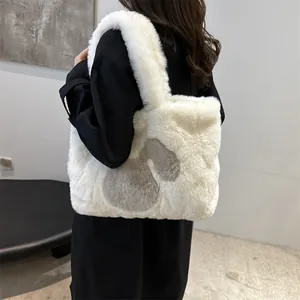 Fluffy rabbit ear plush tote bag for women in soft white faux fur for winter